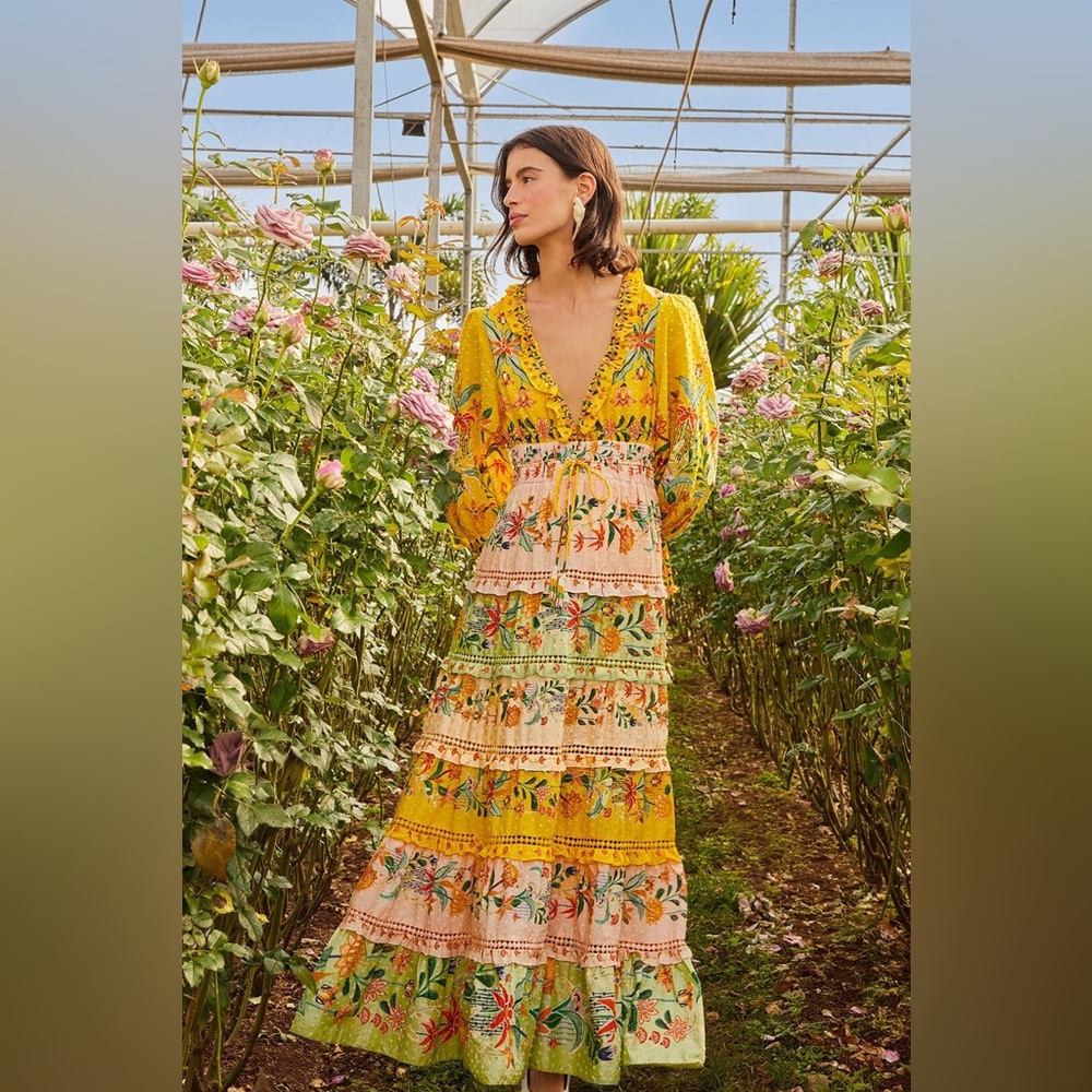 FARM RIO Mixed Delicate Flowers Long Sleeve Maxi Dress